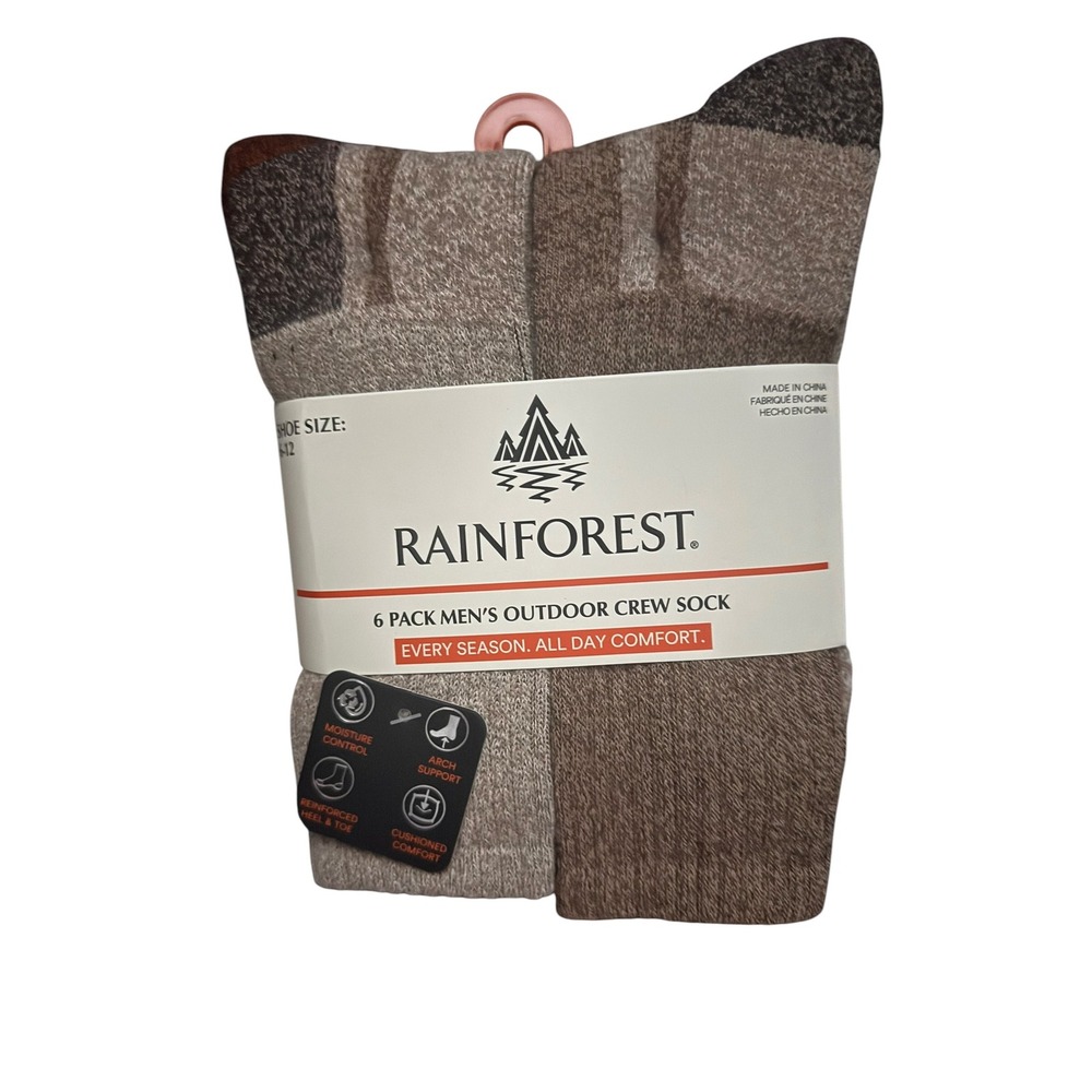 Rainforest 6 Pack Mens Outdoor Crew Socks Tan Brown Marled Arch Support 6-12 NEW